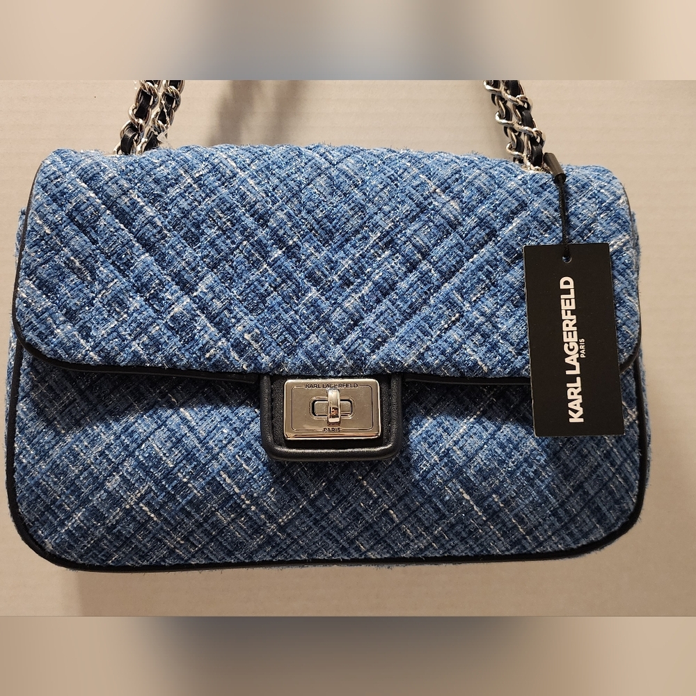 KARL LAGERFELD Paris Agyness Quilted Denim Shoulder Bag NWT - Picture 3 of 10